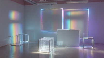 Interior scene with square frames and rainbow light reflections creating a serene and ethereal ambiance