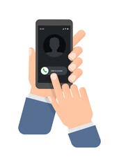 Hand holds smartphone with incoming call on a screen. Stock illustration.