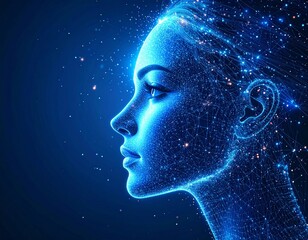Abstract Digital Woman Face with Glowing Particles Design