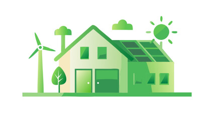 Green energy house with solar panels and wind turbine for sustainable living and eco friendly home design ideas