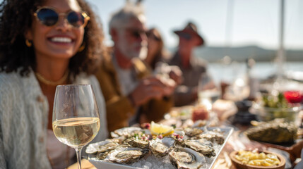 Woman holding wine glass with seafood platter outdoor dining