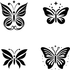 Fototapeta premium Set of black and white minimalist butterfly vector illustrations in flat design, featuring clean lines