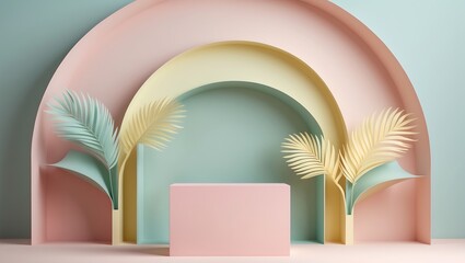 Soft pastel rainbow archway with a pink podium and delicate palm leaves creating a whimsical scene