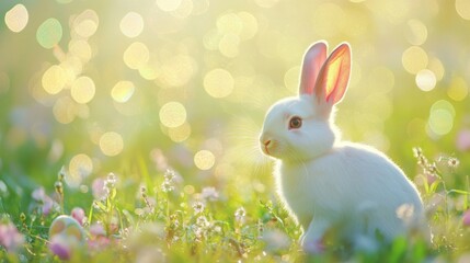 Adorable white bunny resting in a sunlit meadow filled with wildflowers