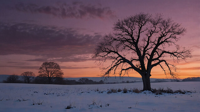 Winter Sunset with Lone Bare Tree on Snowy Field