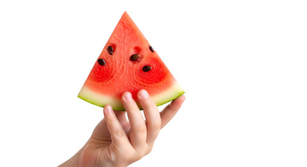 Child's Hand Holds Watermelon Slice with Seeds on Transparent Background in Studio Shot