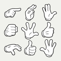 Cartoon Glove Hands Gestures, Vector Set of Various Retro Style Comic Signs