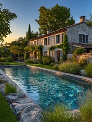 Obraz premium Tranquil pool house at sunset