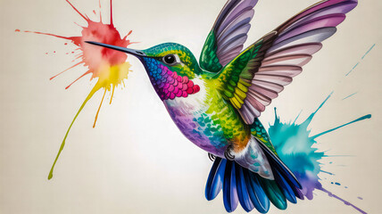 Obraz premium Vibrant hummingbird with colorful paint splashes flying