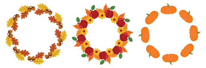 Fototapeta premium Set of decorative autumn wreaths with oak leaves and acorns, colorful fall foliage with apples and flowers, and festive pumpkins. Vector illustration on isolated transparent background. Copy space.