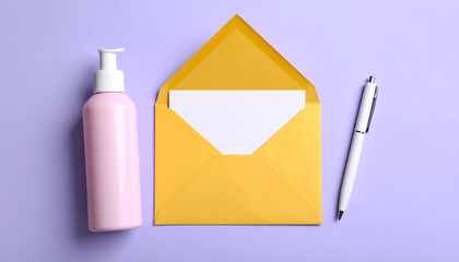 Gentle touch: A spa scene showcasing a soothing pink lotion bottle, a yellow envelope holding a blank paper and a pen. Perfectly arranged on a violet background, conveying the essence of tranquility.