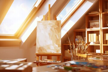 A bright art studio with a blank canvas on an easel and art supplies on a table near a window shelf