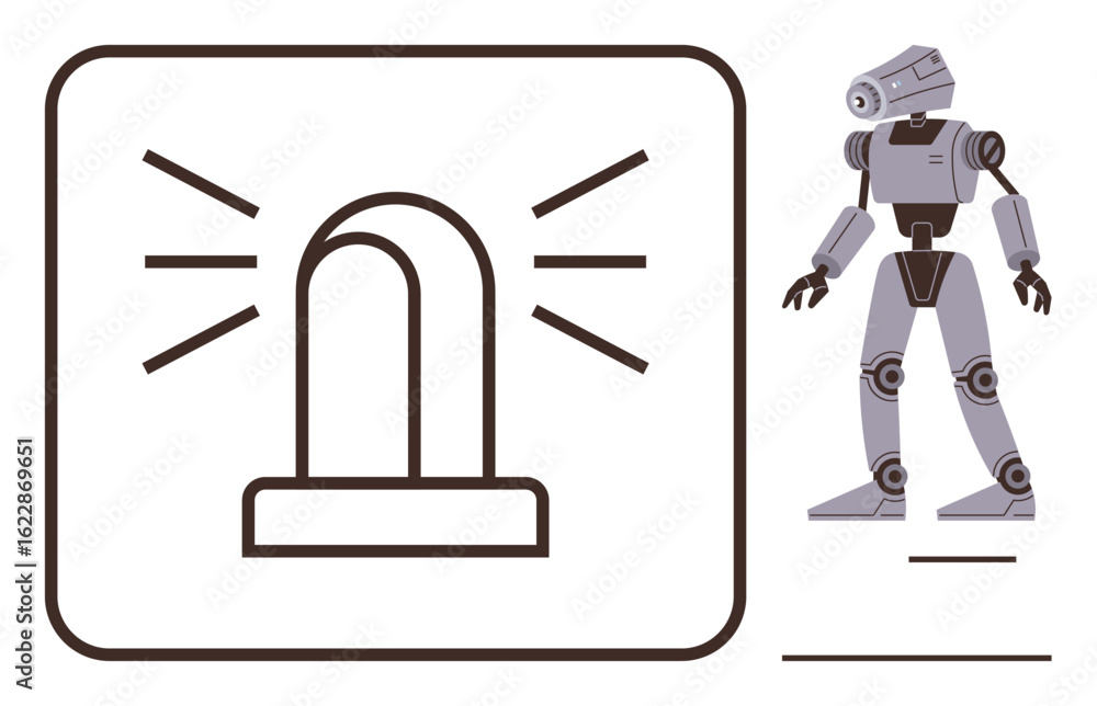 Poster two key elements include a humanoid robot and an alarm light emitting signals. ideal for technology,