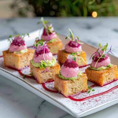 Several canapes sit elegantly on a platter. The bread, avocado paste, and beet sauce create beautiful color contrasts. Soft, natural light illuminates the culinary creation