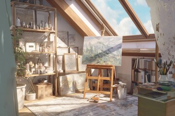 A sunny artist's studio with a painting easel, shelves of supplies, and a view of the sky through windows