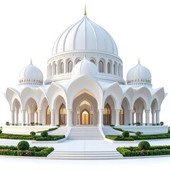 3d cartoon bahá’í temple with lotus-shaped white domes, symmetrical modern design.