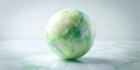 A serene green marble sphere rests on a polished surface, reflecting light and showcasing its intricate veining