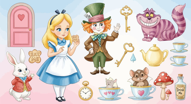 Alice in Wonderland characters and objects mad hatter cheshire cat