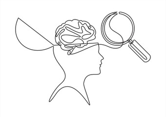 Looking for mental health problem in continuous one line drawing. Magnifying glass and confused feelings and thoughts in head. Psychology concept. Vector illustration mental pressure treatment.
