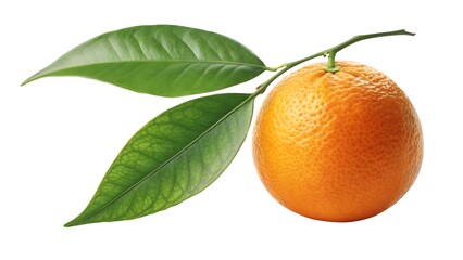 Fresh orange fruit on a branch with green leaves isolated on white background