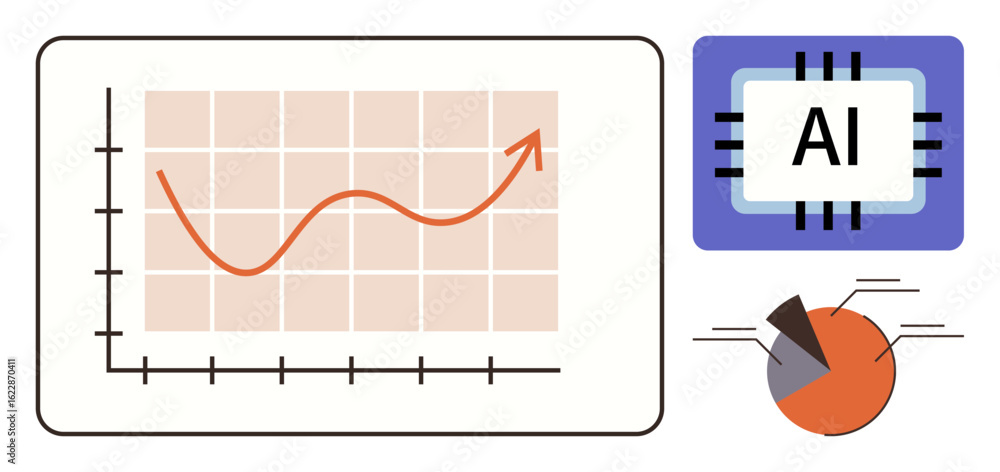 Poster rising trend line on grid chart, ai microchip, pie chart sections conveying data analysis. ideal for