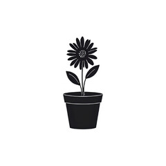 Dark Minimalist Daisy in Pot: Simple Floral Illustration, Botanical Art, Black and White Flower Graphic