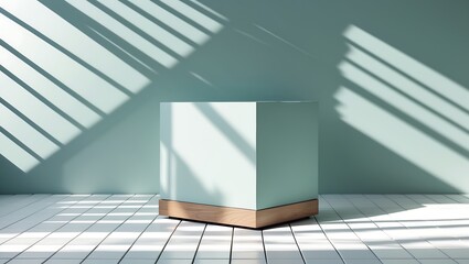 Minimalist light blue rectangular object with wooden base casting dramatic shadows on a pale green wall