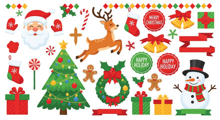Festive Christmas Elements Santa Claus Reindeer Snowman Wreath Gifts Christmas tree