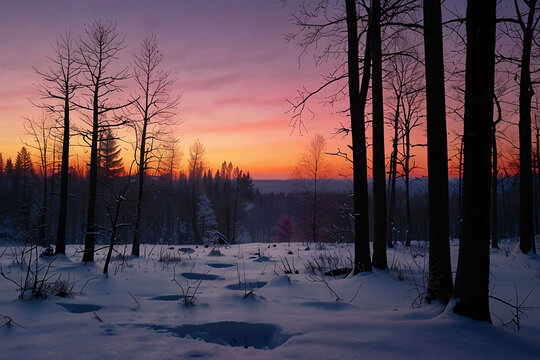 Silhouetted Trees at Pink and Purple Sunset