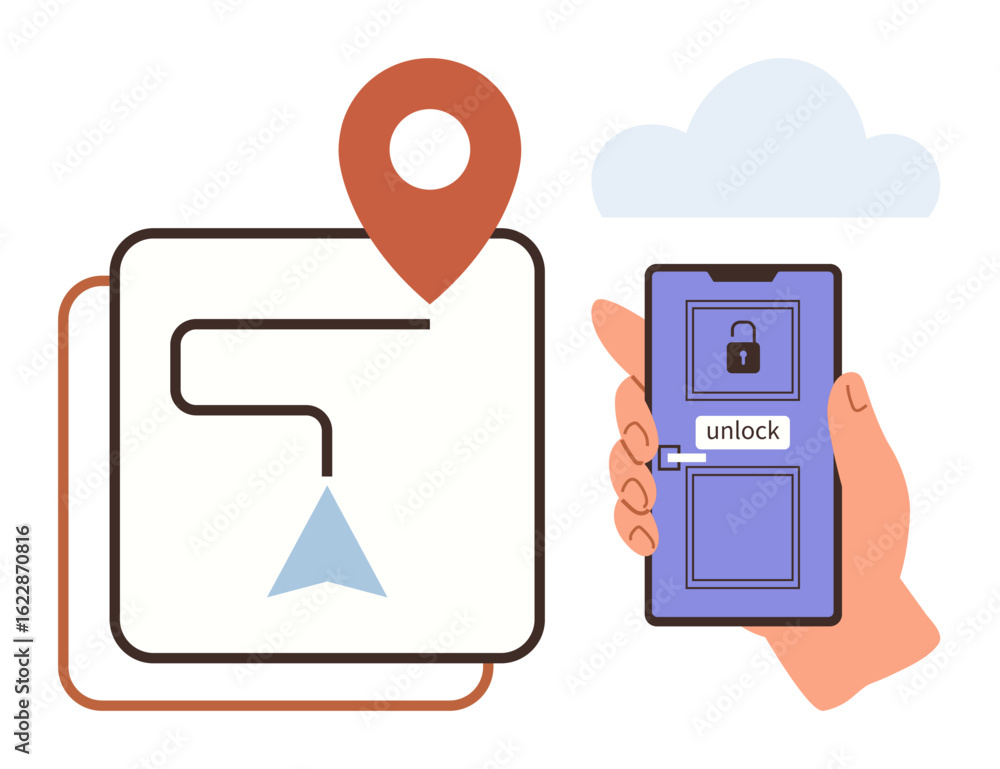 Poster map pointer, navigation path, smartphone unlocking door with cloud connection. ideal for smart home,