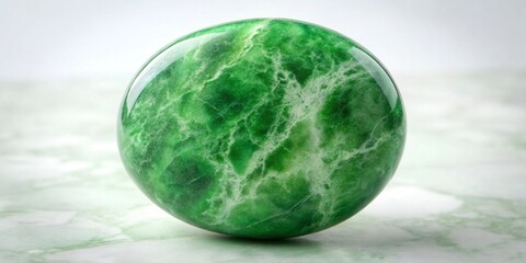 A polished sphere of vibrant green stone rests gently on a subtly veined surface, showcasing its intricate natural patterns.