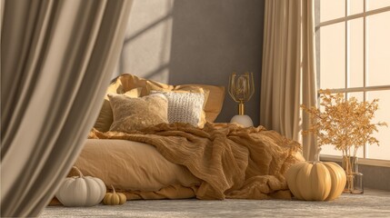 Bedroom interior with gold bedding, pillows, pumpkins, curtains, and a decorative lamp near a window