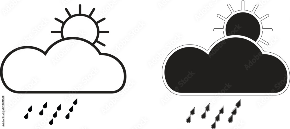 Poster sun and cloud with rain icon representing partly rainy or changing weather conditions with transpare