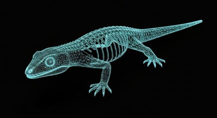 Digital Wireframe Lizard Model in Blue Neon on Black Background