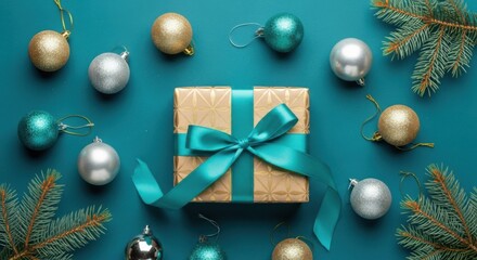 Decorative Gift Box with Blue Ribbon Surrounded by Christmas Ornaments and Pine Branches on Blue Background
