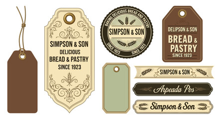 Vintage bread and pastry labels with wheat emblems and ornate scrollwork tags