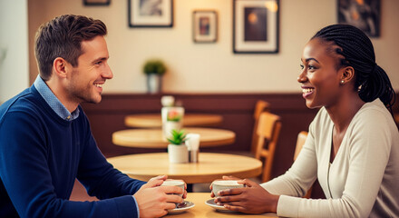 Diverse Couple Enjoying Coffee Conversation in Cafe.