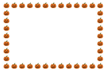 Rectangular frame made of glowing Halloween pumpkins with carved faces. Festive border of jack-o'-lanterns on isolated white background. Vector illustration for spooky holiday designs. Copy space.