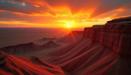 A vibrant sunset over a rocky landscape with layered cliffs and distant horizon under a colorful sky