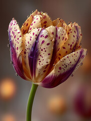 Close-up of a speckled tulip with dew drops