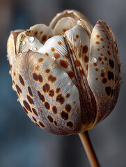 Close-up of a speckled tulip with water drops