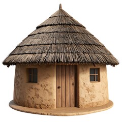 3d cartoon african mud hut with round shape, thatched straw roof, clay walls and simple wooden door, traditional sub-saharan design.