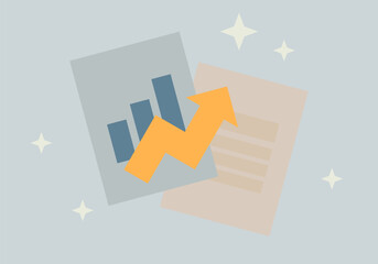 Data analysis, business research and report. Graph up with alert notice icon for finance statistic, sell and buy report. Analyzing investment money cash and exchange with finance. Trading stock report