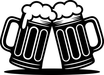 Black silhouette vector of two beer mugs clinking together in a cheers pose