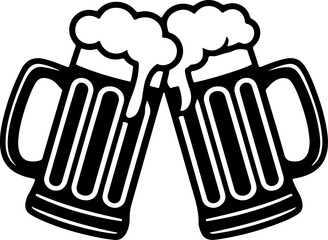 Black silhouette vector of two beer mugs clinking together in a cheers pose