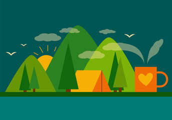 Camping Tent in Mountains with Steaming Mug Turning into Clouds. Outdoor environment with sharp peaks in the background.
