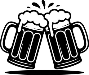 Black silhouette vector of two beer mugs clinking together in a cheers pose