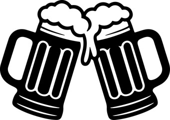 Black silhouette vector of two beer mugs clinking together in a cheers pose