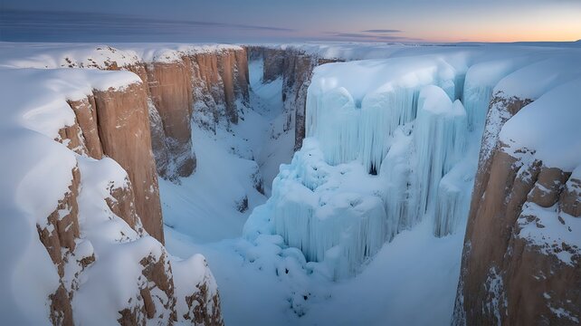 Frozen canyon ice formations with snow covered cliffs at dusk image - Powered by Adobe