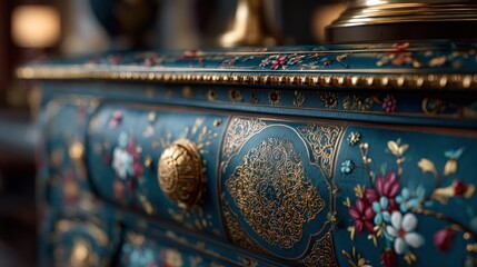 Close-up of an Elaborate Teal and Gold Dresser with Floral and Ornamental Details